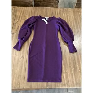 Karen T Design Balloon Long Sleeve Midi mini bodycon fitted Dress Purple S NWT